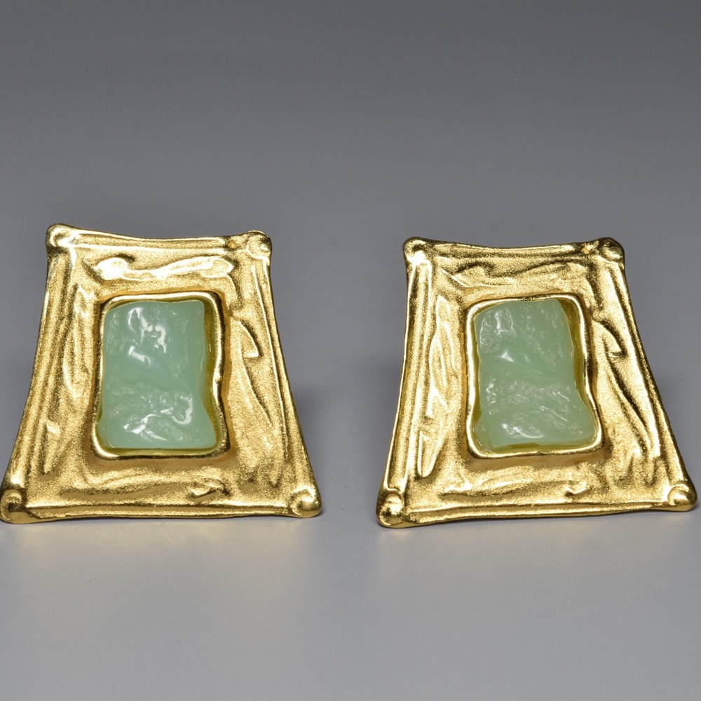 Vintage Givenchy 1980s Asymmetrical Green Stone Gold Plated Pierced Earring